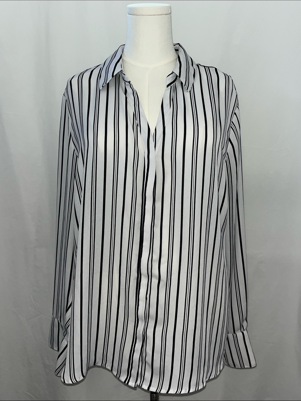 Women's Black and White Vertical Stripe Button-Down Shirt